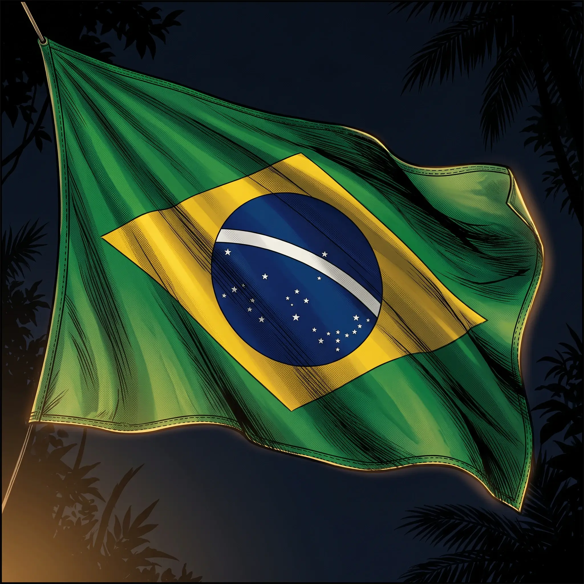 A bandeira do Brasil tremulando ao entardecer