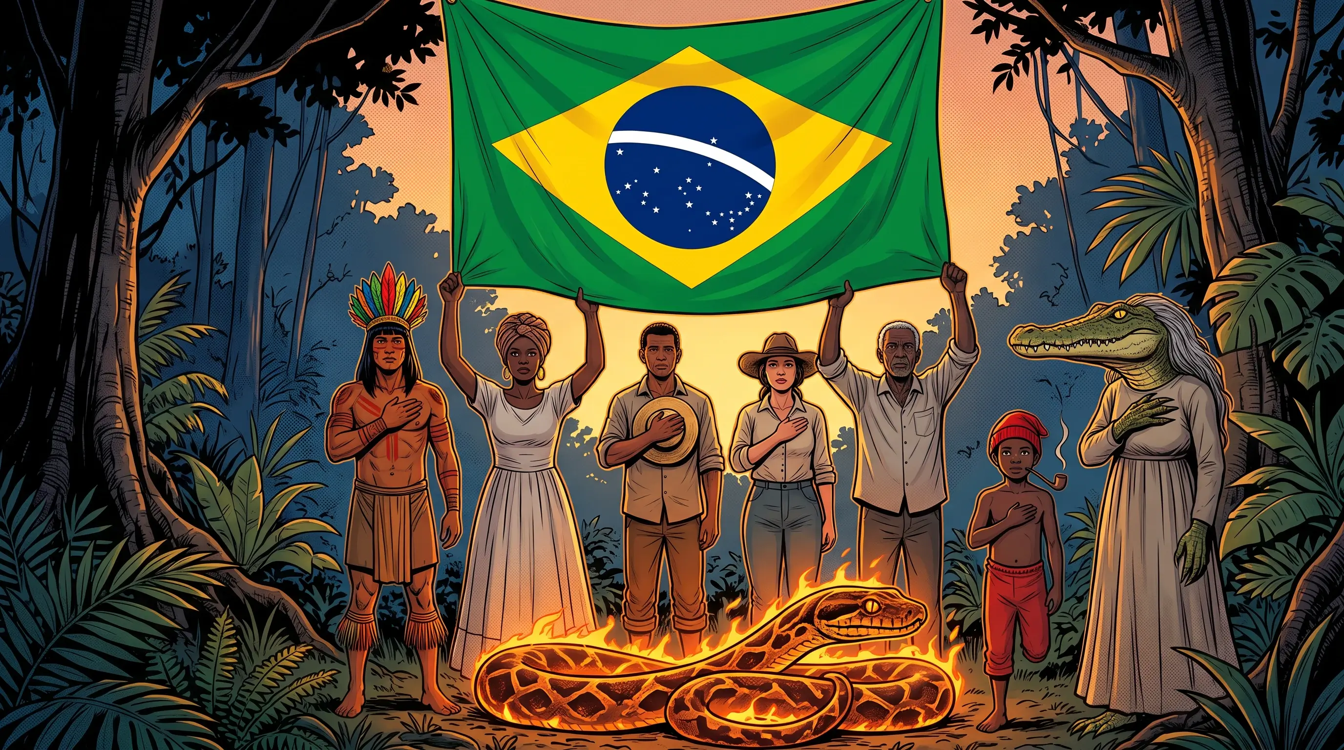 Lendas do acervo e brasileiros de diferentes povos saudando a bandeira nacional na borda da mata